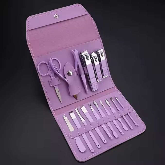 16-Piece Manicure and Pedicure Set with Leather Case, Nail Care Tools Kit, Green/Purple/Pink (Violet)