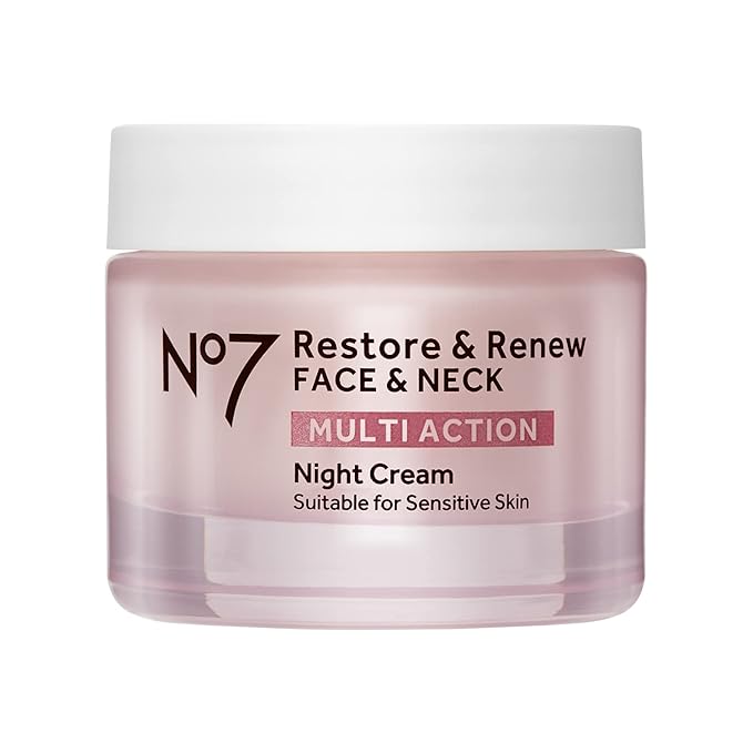 No7 Restore & Renew Multi Action Night Cream for Face & Neck - Nighttime Face Moisturizer with Collagen Peptides - Anti Aging Skin Care for Crepey Skin with Hyaluronic Acid & Ceramides (1.69 Oz)