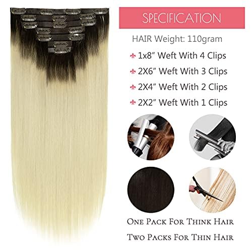 Loxxy Seamless Extensions Clip in Human Hair Double Ultra Thin PU Weft Remy Hair Extensions Clip in Human Hair Ombre Rooted Darkest Brown To Platinum Blonde Full Head 18Inch 110gram 7pcs R#2-60A