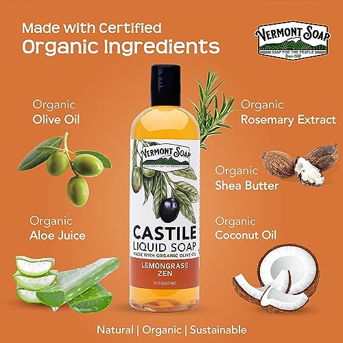 Vermont Castile Lemongrass Zen Soap, Gentle Liquid Soap for Sensitive Skin & Natural Body Wash, Organic Hair Shampoo for Oily Hair, Aloe Castile Soap for Men & Women - 16 Oz