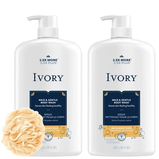 Ivory Body Wash - Ivory Clean Body Wash Pump Original with body pump. Ivory soap pamper yourself with this moisturizing body wash pump with 35 Fl. Oz. each with shower loofah (Pack of 2). (Milk and Honey)