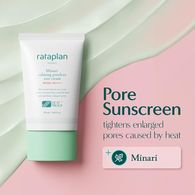 Rataplan Minari Calming Poreless Sun Cream SPF 50+ PA++++ (2 Pack)- Mineral Sunscreen, Korean Sunscreen for Oily Skin, Pore Minimizer for Face, Reef Safe, Korean Skincare