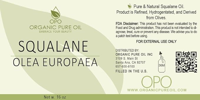 Squalane Oil - Pure, Natural, Plant-Derived, Non GMO, Refined - 16 oz - Squalene Alternative, from Olive - Ultra Hydrating & Moisturizing Carrier Oil - Hexane Free, Cold Pressed - OPO