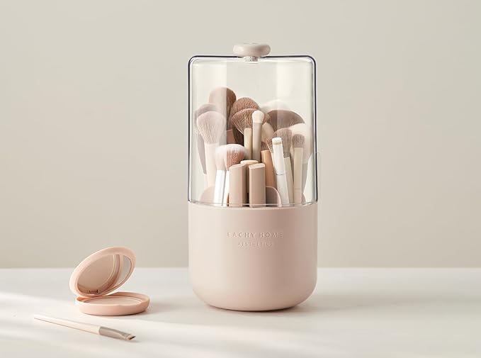 EACHY Makeup Brush Holder 360° Rotating with Dustproof Lid, Waterproof Material, 7 Compartments for Organized Storage, Stylish and Durable Design for Vanity or Bathroom (Pink)
