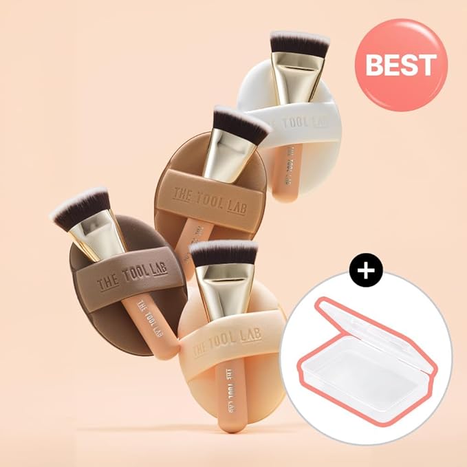 THE TOOL LAB All Day Fitting Duo (Glow type) - Premium Base Makeup Set for Liquid Cream Powder Foundation, Buffing Blending Face Brush, Sponge, Portable Case - 1.1" Flat Top Brush