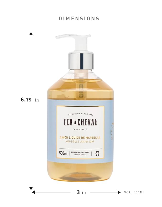 Fer à Cheval Marseille Liquid Soap, Luxury French Liquid Soap, Savon Liquide De Marseille, Seaside Citrus 500ml, Set of 2, 16.9 f oz