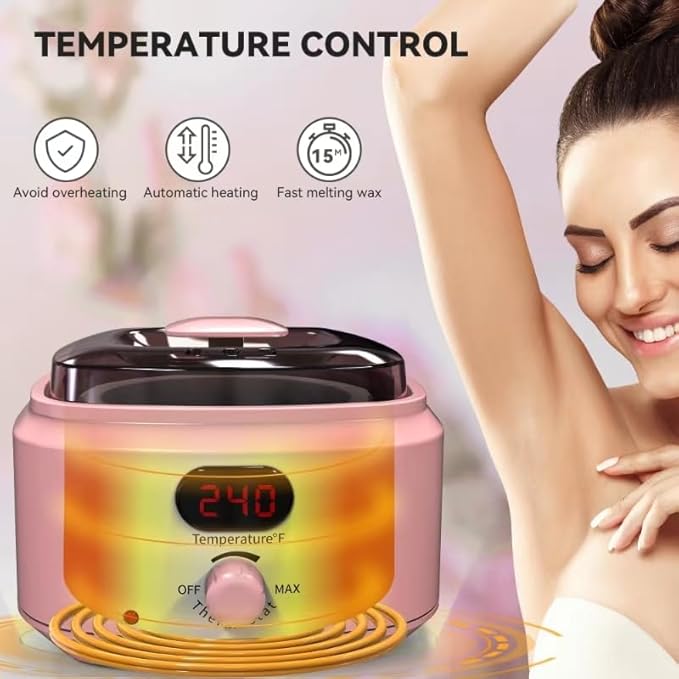 Waxing Kit for Women Men, Digital Wax Kit with Silicone Bowl & 4 Bags Hard Wax Beads, Portable Wax Warmer for Sensitive Skin Full Body Hair Removal, Brazilian Bikini, Eyebrow, Face (Pink)