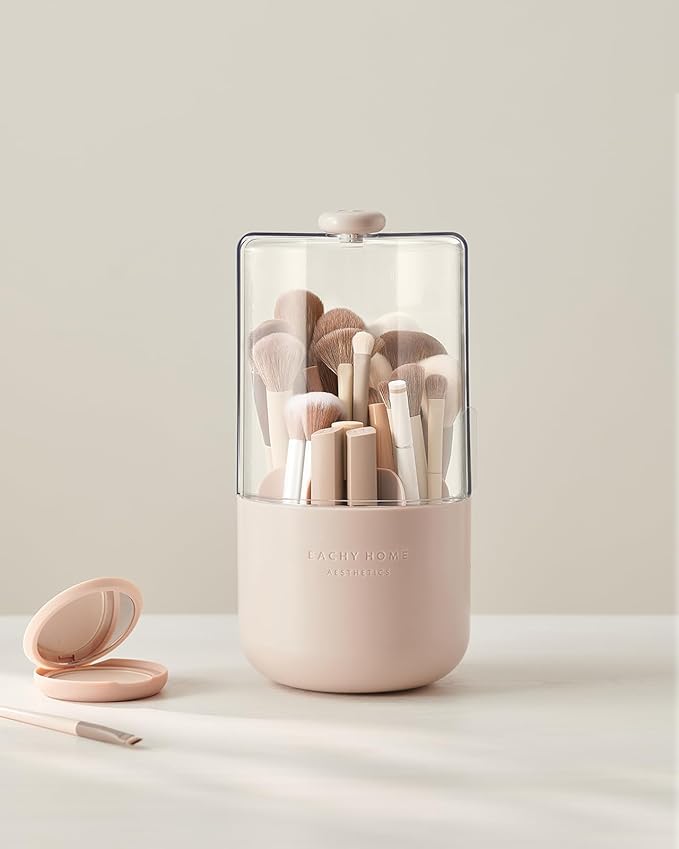 EACHY Makeup Brush Holder 360° Rotating with Dustproof Lid, Waterproof Material, 7 Compartments for Organized Storage, Stylish and Durable Design for Vanity or Bathroom (White)