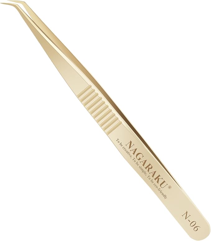 NAGARAKU Gold Tweezers for Eyelash Extensions Curved Angled Volume Cluster Super Light Weight Easy Fanning Tweezers Stainless Steel Precision (N-06)