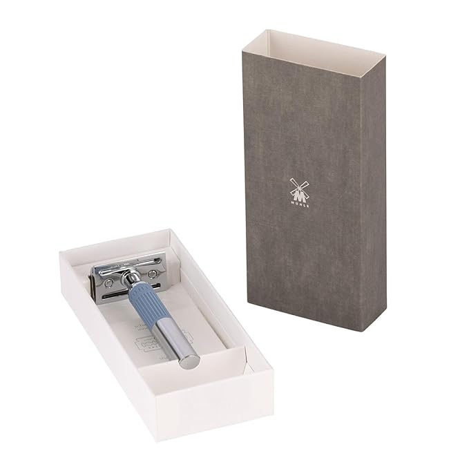 MÜHLE NEO safety razor|double edge safety razor for beginners and experienced shavers|sustainable eco-friendly and reusable|for men and women|chrome with glacier blue silicone grip handle