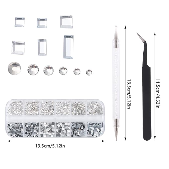 1000Pcs 12Gird Box Multi Size AB/Colorful Irregular Rhinestones Flatback Crystal Diamond Gems, with Pick Up Tweezers and Picker Dotting Pen for Nails, Makeup