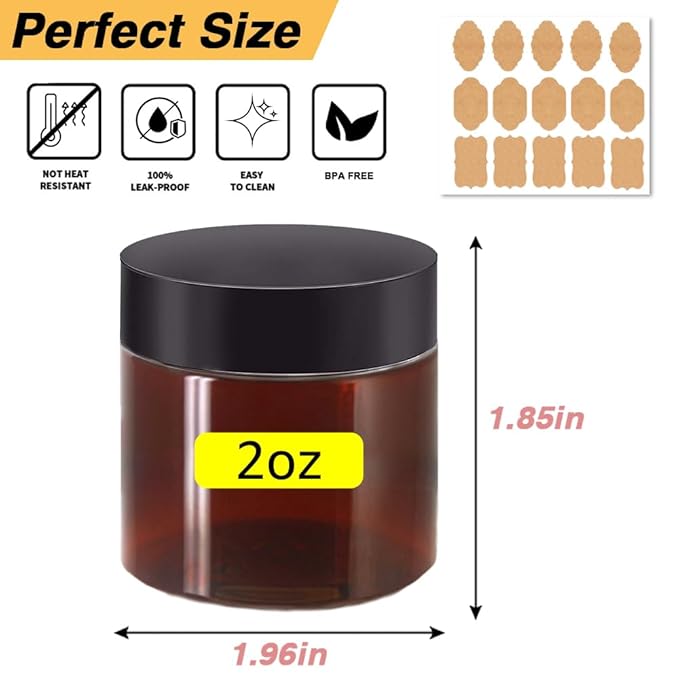 2 oz Plastic Containers with Lids 100pcs Amber Plastic Jars with Lids + 3/5/10 Gram 24pcs Sample Containers Travel Jar– Great for Lip Scrub, Body Butters, Cream, Lotion, Labels & Spatulas