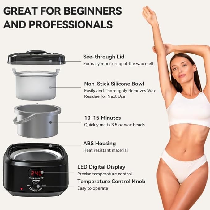 Waxing Kit for Women Men, Digital Wax Kit with Silicone Bowl & 4 Bags Hard Wax Beads, Portable Wax Warmer for Sensitive Skin Full Body Hair Removal, Brazilian Bikini, Eyebrow, Face (Black)