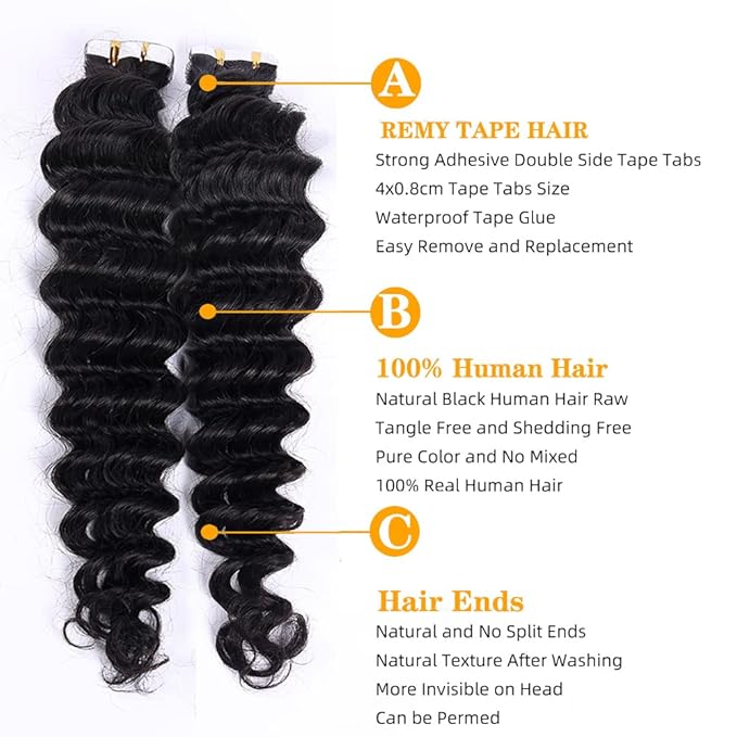 24Inch Curly Tape In Hair Extensions Long Wavy Human Hair Natural Seamless Skin Weft Invisible Hair Extensions Double Side Deep Wave Glue in Extension 50G 20PCS/Pack 40-60PCS Suggested for Full Head