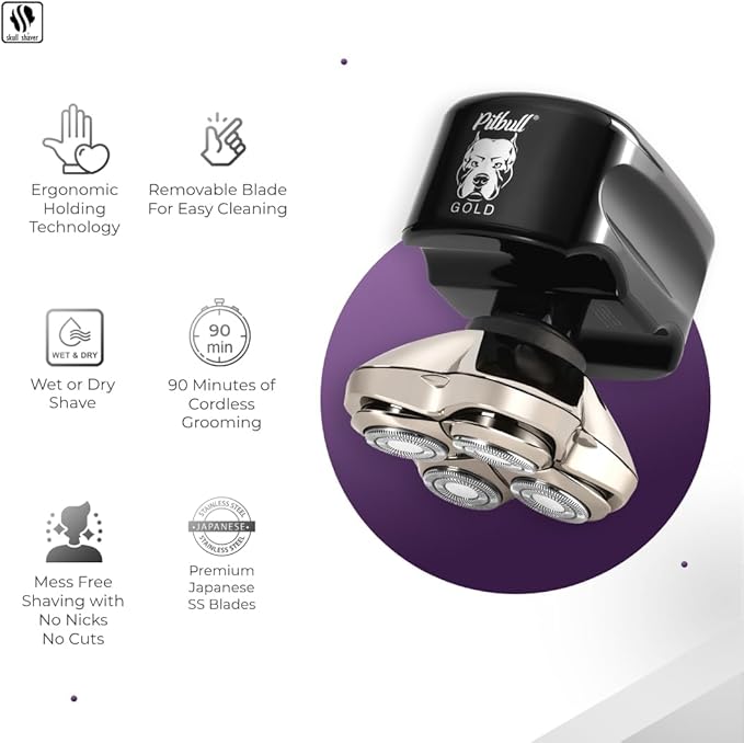 Skull Shaver Pitbull Gold PRO Head and Face Shaver: Ultimate Grooming Kit for Men, 5-in-1 Premium Bald Head Electric Head Shaver, Wet and Dry Easy