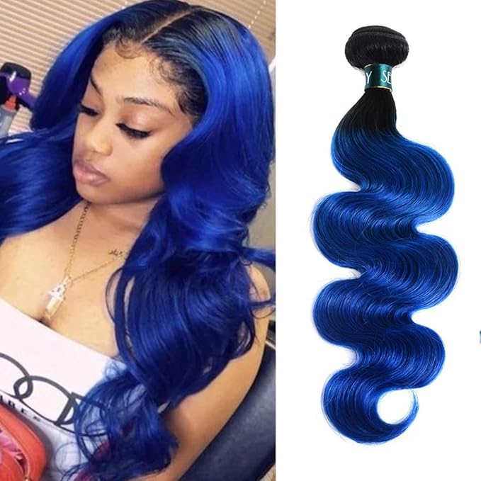 1B/Blue Hair Ombre Brazilian Body Wave 1 Bundle Deal Pre-Colored Remy Human Hair Weaving 2 Tone Ombre Hair 10A Virgin Human Hair Bundles (28", Body 1B/Blue)