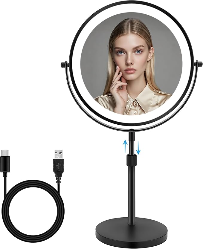 10x Large Lighted Makeup Mirror, Rechargeable 8.7" Double-Sided Vanity Mirror with 3 Color Dimmable Lights, 1X/10X Height Adjustable Magnifying Mirror, 360° Swivel, for Women Girl(Black)