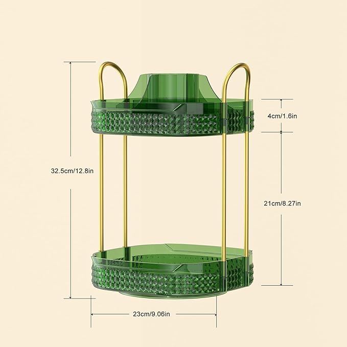 360° Rotating Makeup Organizer 2 Tier, Large Skincare Clear Make Up Storage Spinning Perfume Organizers for Bathroom Counter Dresser, Green