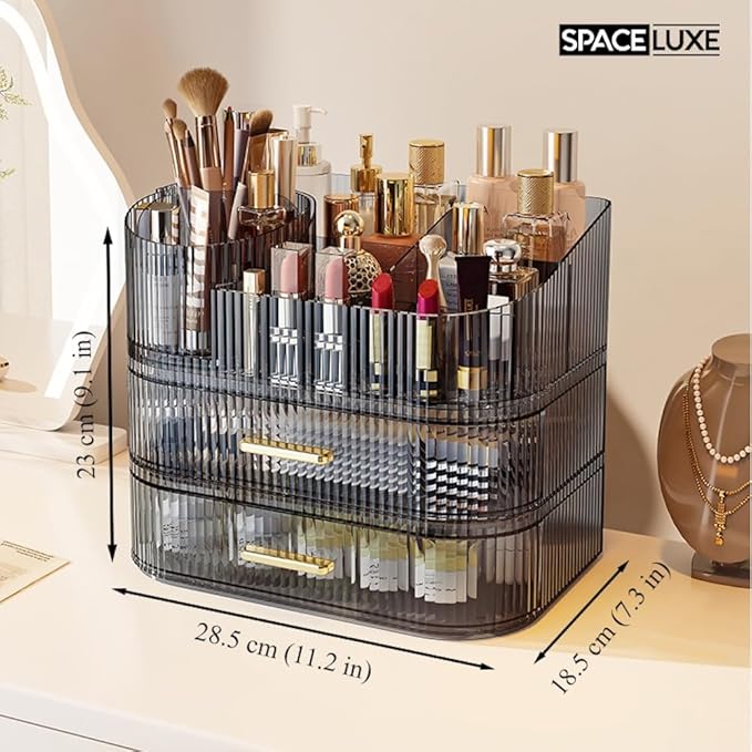Makeup Organizer with Drawers and 360° Rotating Brush Holder, Large Capacity Cosmetic Storage for Vanity, Skincare, Perfume, Hair Accessories, Lipstick & Jewelry (Transparent Gray, 3-layer)