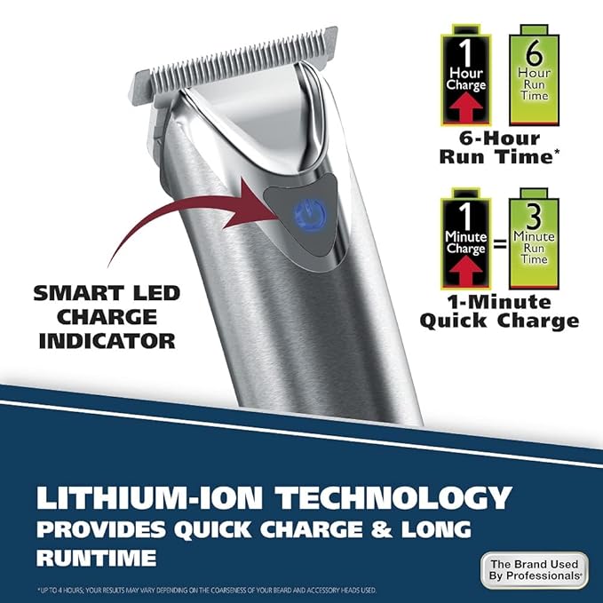 Wahl USA Stainless Steel Lithium-Ion Cordless Beard Trimmer for Men - Rechargeable All in One Men's Beard Trimmer with Rotary Ear & Nose Trimmer, & Detail Trimmer - Model 9818A