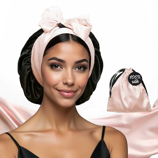 100% Mulberry Silk Bonnet for Sleeping Women with Curly Hair - Short Long Hair Bonnet for Sleeping - Alternative to Double Layer Satin Bonnet with Tie Band - Premium Wrap for Sleep Black
