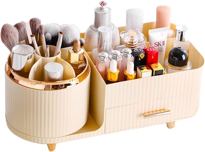 Rotating Makeup Organizer for Vanity with Brush Holder and Drawer, Cosmetic Makeup Storage, Large Spinning Makeup Skincare Organizer, Countertop Makeup Perfume Organizer, Lotions Display Case (Ivory)
