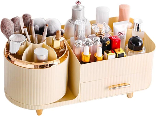 Rotating Makeup Organizer for Vanity with Brush Holder and Drawer, Cosmetic Makeup Storage, Large Spinning Makeup Skincare Organizer, Countertop Makeup Perfume Organizer, Lotions Display Case (Ivory)