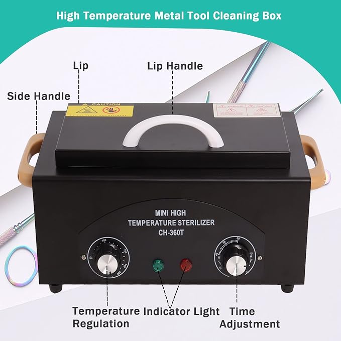 Sterilizer for Nail Tools High Temperature Metal Cleaning 2L Tattoo Equipment High Temp for Spa Salon Barber Shops Salon Hairdressing Tool Earrings Dry Heat Multi-functional with Timer Manicure Black