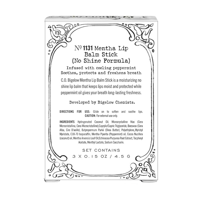 C.O. Bigelow Mentha Lip Balm Stick Trio, Moisturizing Lip Balm with Shea Butter and Natural Peppermint Oil, 3 Pack, 0.15 oz / 4.5g Each