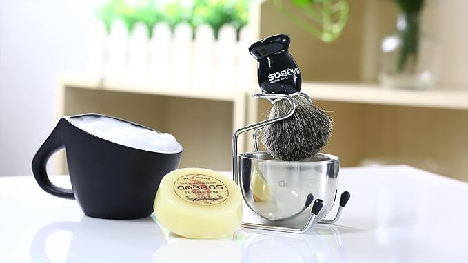 Anbbas Pure Badger Bristles Shaving Brush Black Wood Handle and Refill Soap Bar 100g,Stainless Steel Shaving Stand and Soap Cup Kit Perfect for Men