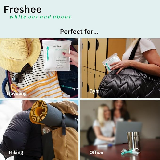 Freshee 5 in 1 Disposable Mini Toothbrush with Toothpaste + Floss + Pick + Tongue Scraper | Travel Size | Individually Wrapped | Soft | Mint | Travel Set | Oral Care