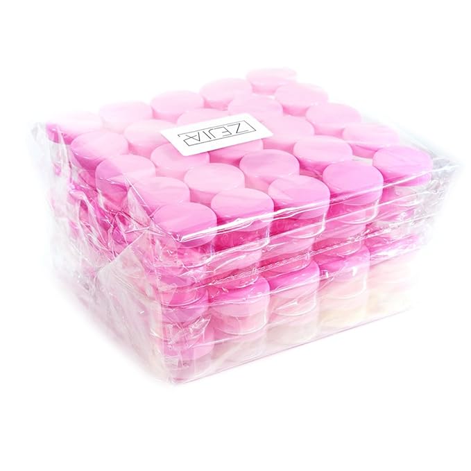 ZEJIA 5 Gram Sample Containers with Lids, Mini Makeup Containers, Empty Plastic Travel Cosmetic Containers with Labels(100 Count, Pink Lid)