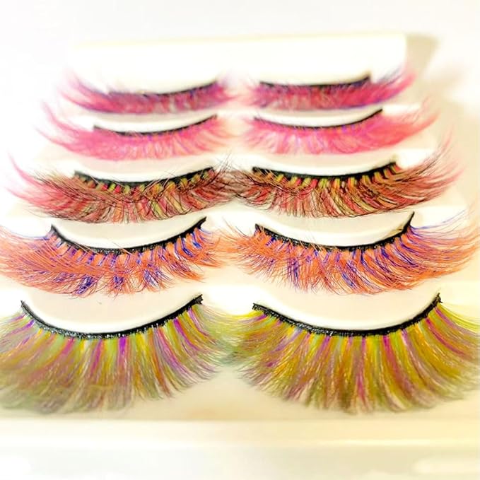 Sunniess Ombre Colored Lashes Silk Protein Fluffy Wispy Volume Fake Lashes for Halloweens Cosplay Party Stage Russian D Curl Lashes with Color Make up Faux Mink False Eyelashes