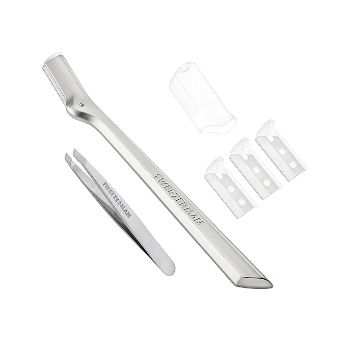 Tweezerman Eyebrow Razor and Mini Tweezer Set with 3 Replacement Blades and Safety Cap (Stainless Steel)