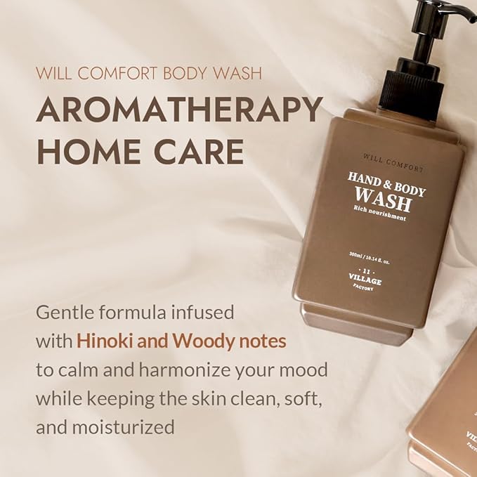 Will Comfort Hand and Body Wash (300ml/10.14 fl.oz.) Korean Body Cleanser Aromatherapy Hinoki Essential Oil Nourishing Shea Butter and Jojoba Oil
