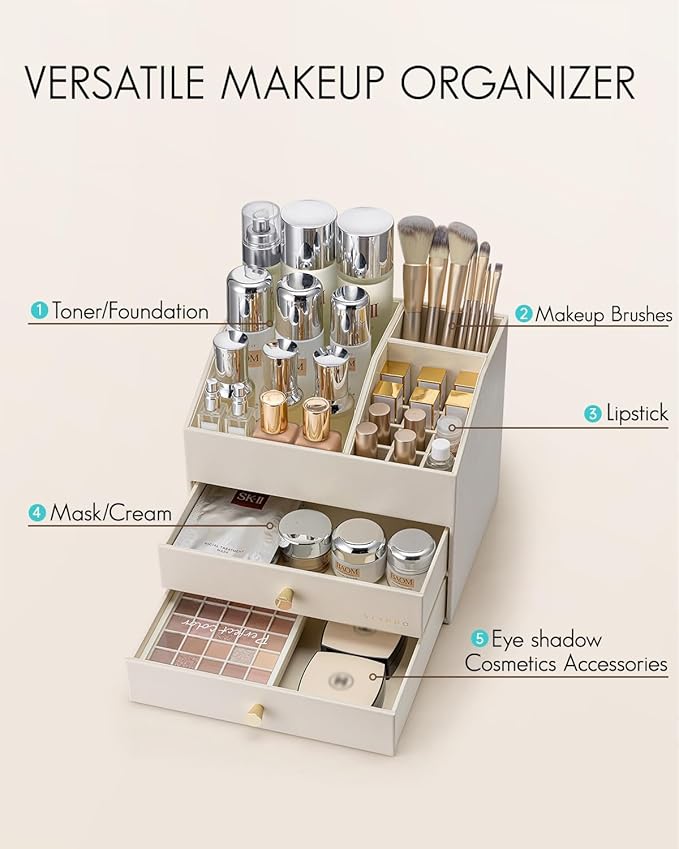Vlando Makeup Organizer for Vanity,Large Capacity Countertop Organizer with Drawers, PU Leather Cosmetic Display Case for Lipstick,Brushes,Skincare,Bathroom and Bedroom Storage (Beige)
