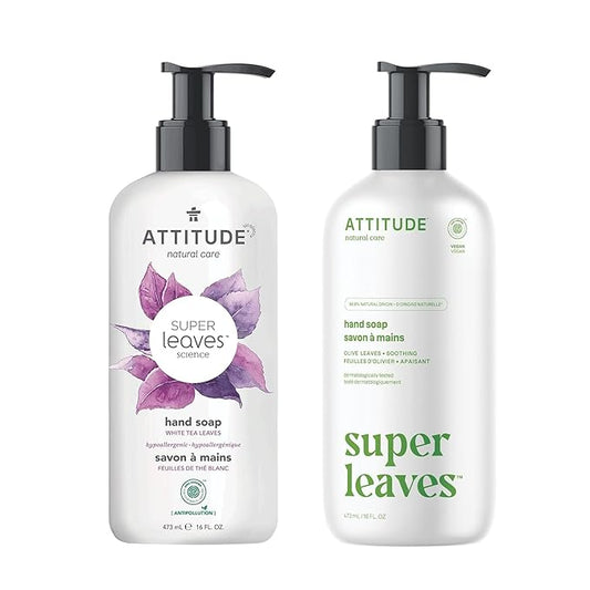 Bundle of ATTITUDE Liquid Hand Soap, EWG Verified, Plant and Mineral-Based, Vegan Personal Care Products, White Tea Leaves, 16 Fl Oz + Olive Leaves, 16 Fl Oz