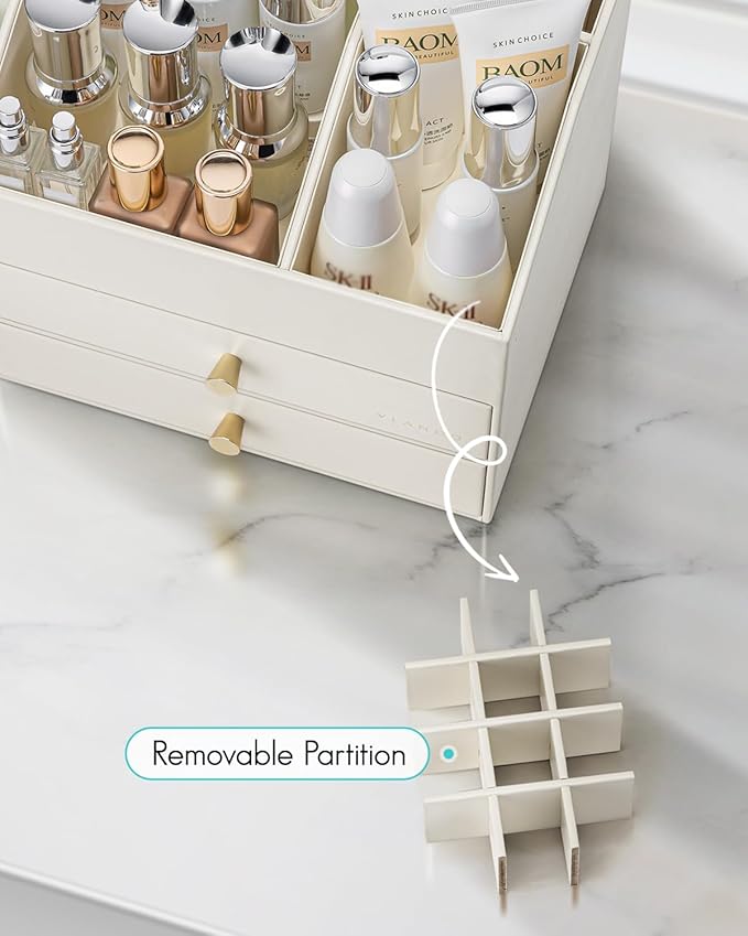 Vlando Makeup Organizer for Vanity,Large Capacity Countertop Organizer with Drawers, PU Leather Cosmetic Display Case for Lipstick,Brushes,Skincare,Bathroom and Bedroom Storage (Beige)