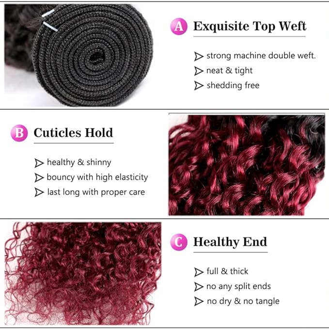 1B99j Loose Deep Curly Weave Bundles Ombre Burgundy Deep Wave Bundles Black and 99j Human Hair two tone Brazilian Human Hair Wet and Wavy for Women 22 24 26 Inch