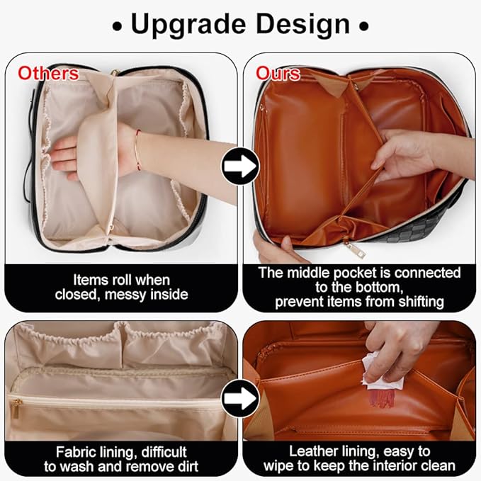 Cessfle Large Capacity Travel Cosmetic Bag Plaid Checkered Makeup Bag Portable Leather Waterproof Skincare Bag with Handle and Divider for Women, Black