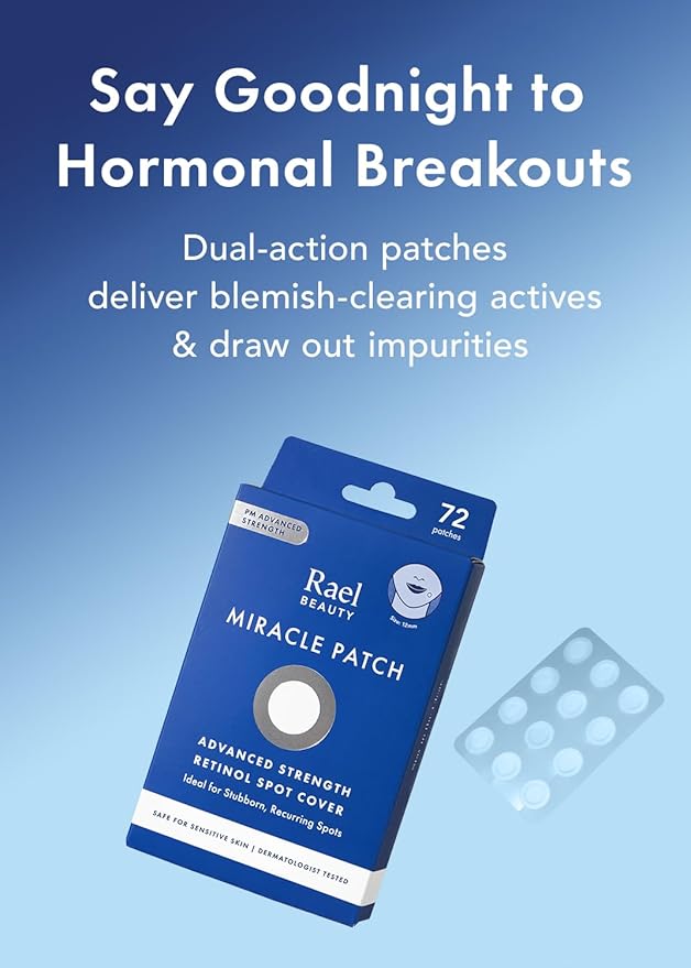 Rael Pimple Patches, Miracle Retinol Spot Cover - Hydrocolloid Acne Patch for Face, Absorbing Zits & Blemishes, PM Advanced Treatment, Facial Sticker (72 Count)