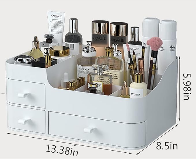 skin care organizer,Makeup Desk Organizer With Drawers ,Countertop Organizer for Cosmetics,Vanity brush with Holder for Lipstick, Brushes, Eyeshadow, and Desktop Finishing Dresser (A-Large-White)