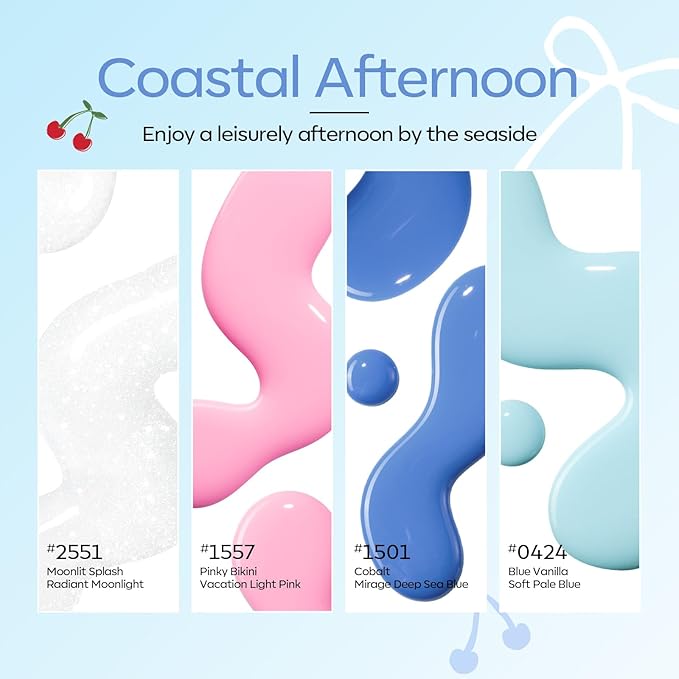 modelones Summer Gel Nail Polish Kit with U V Light, Pearl White Glitter Baby Blue Light Pink Sky Blue Manicure Set with Cherry Stickers, Base Top Coat, 4 Colors Gel Mini Salon Starter Spring Gift