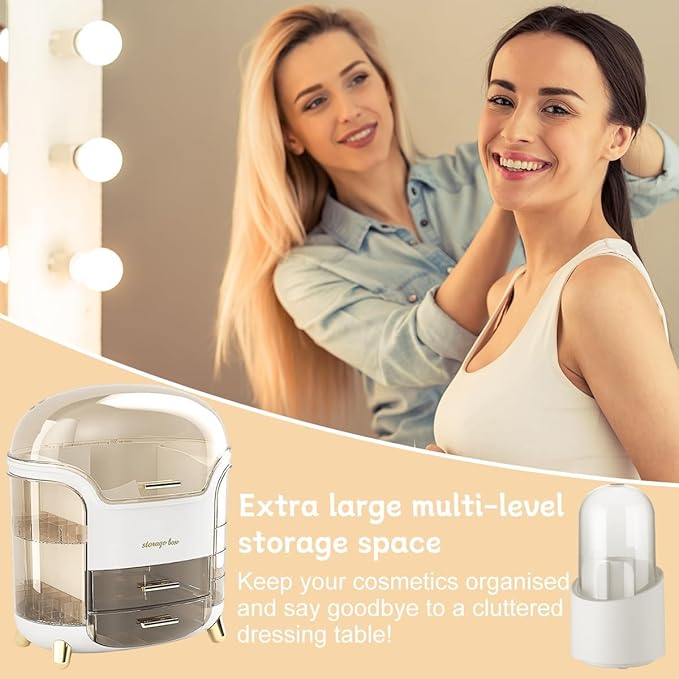 Makeup Organizer for Vanity, Skincare Organizer, Makeup Storage Drawers, Cosmetics Organizer with Lid, Makeup Brush Holder Rotating, Dressing Table Organizer, Large Makeup Box(White)