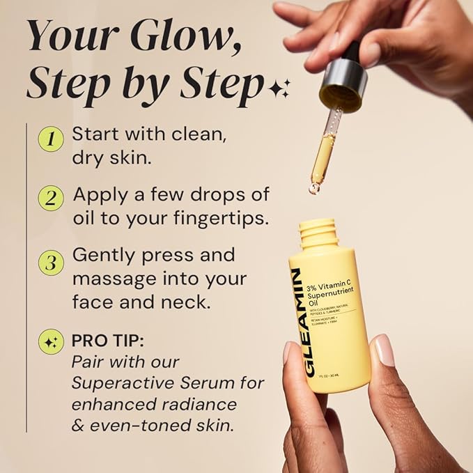 Gleamin Brightening Face Oil with Vitamin C, Vitamin E, Jojoba Oil, Cloudberry, Peptides & Turmeric – Hydrating, Skin Firming Oil for Dull Skin & Dark Spots | Fragrance-Free Facial Oil, 1 fl