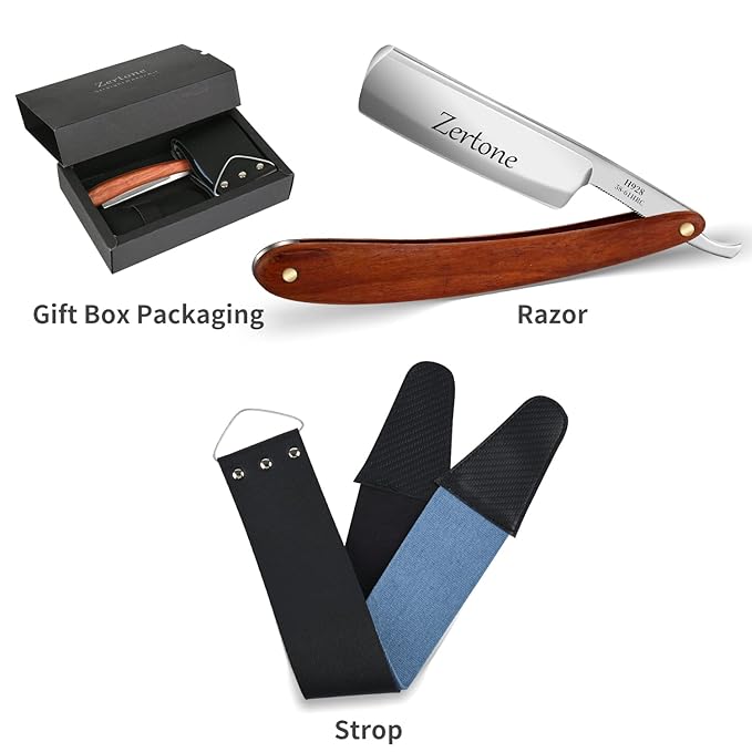 Zertone Straight Razors for Men Kit with Strop - Straight Edge Razor Natural Wood Scale – Sharp, High Hardness Carbon Steel Cutthroat Straight Razor Shaving Kit, Vintage Wood Handle, Barber Razor
