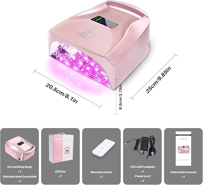 UV LED Nail Lamp,96W Rechargeable Cordless Nail Dryer, 52 Beads Quick Dry with Remote Control,4 Timers,Auto Sensor,Key Sound,Built-in Cooling Fan,Professional Gel Polish UV Light (Pink)