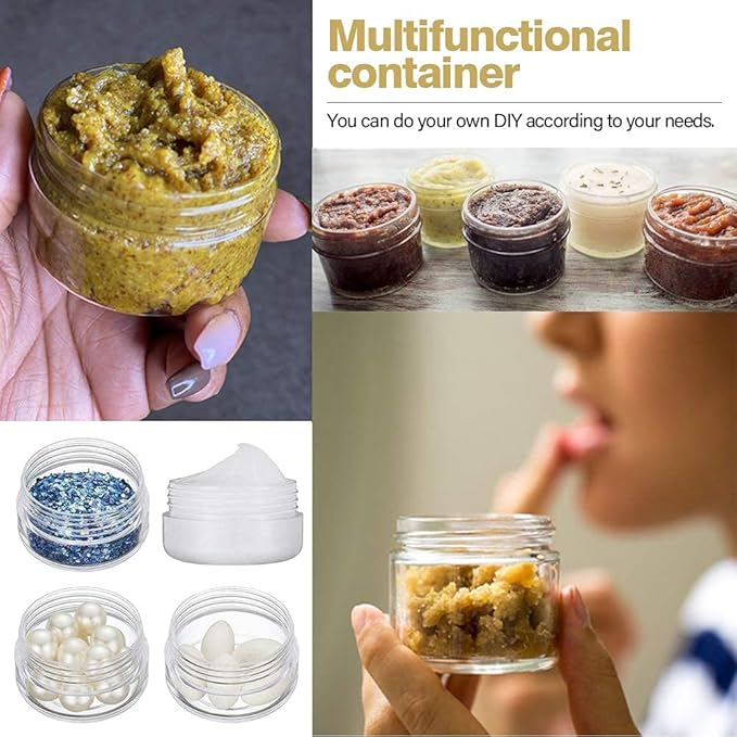 2 oz Plastic Containers with Lids 100pcs Plastic Jars with Clear Lids + 3/5/10 Gram 24pcs Sample Containers Travel Jar– Great for Lip Scrub, Body Butters, Cream, Lotion, Labels & Spatulas (124 Pack)