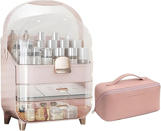 IUI Make up Organizer, 2 Drawer Make up Organizers for Vanity, DustProof Skincare Organizers with Lid, Large Cosmetic Display Cases for Vanity, Bathroom, Countertop, Gifts for Women Girls, Pink