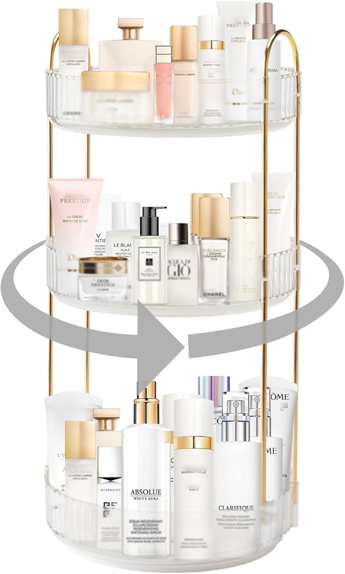 360° Rotating Makeup Organizer, Bathroom Make Up Spinning Holder Rack, Large Capacity Cosmetics Storage Vanity Shelf Countertop, Fits Cosmetics, Perfume, Skincare, Lipsticks(3 Tiers, Clear)